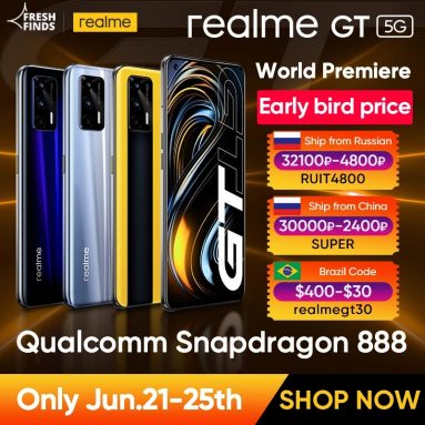 393 € mit Gutschein für Weltpremiere Realme GT 5G Telefon Global Version Snapdragon 888 65W Super Dart Charge 120Hz 6.43″ AMOLED 8GB 128GB NFC von ALIEXPRESS